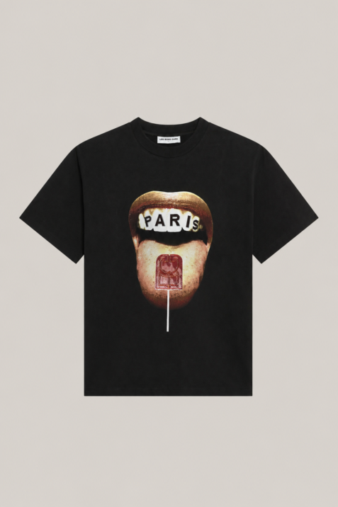 t-shirt noir avec un imprimé lollipop sur la face avant