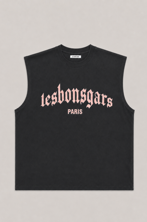T-shirt sans manches noir imprimé rose